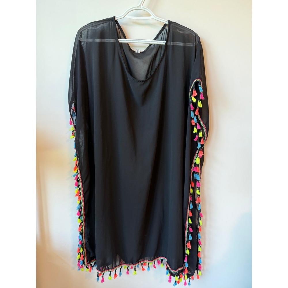 Black Sheer Kaftan Swim Cover Up Multi Color Tassel Trim V-Neck Beach Poncho